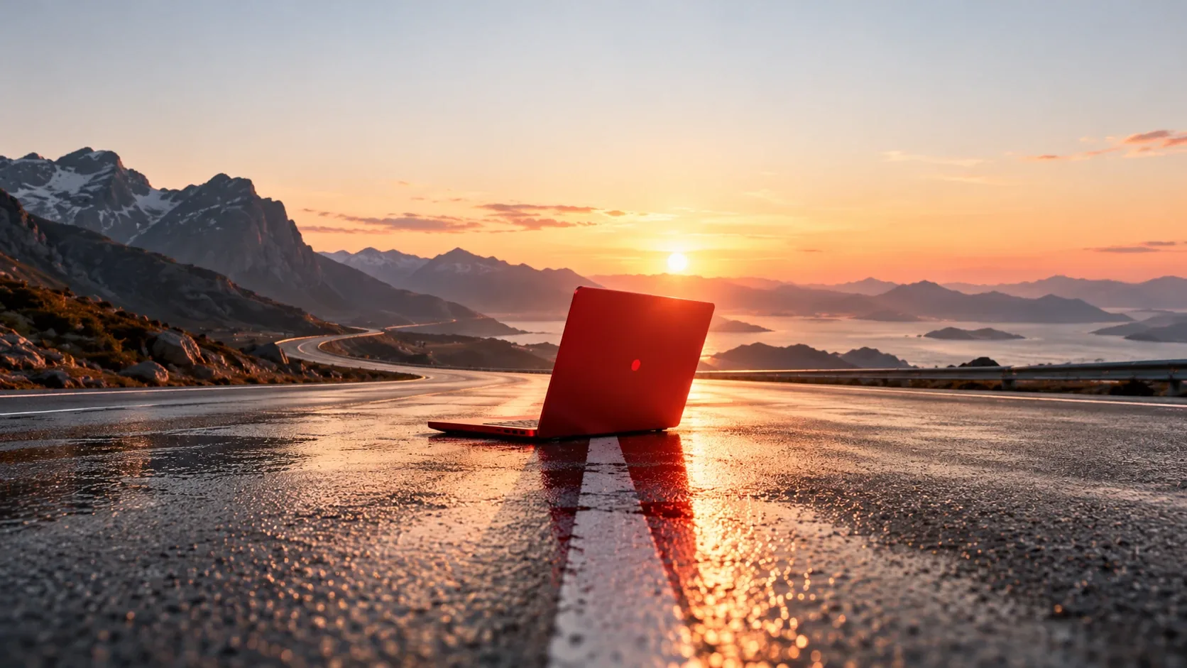 A red laptop standing open on a wet mountain road at sunset, with the sea and islands behind it