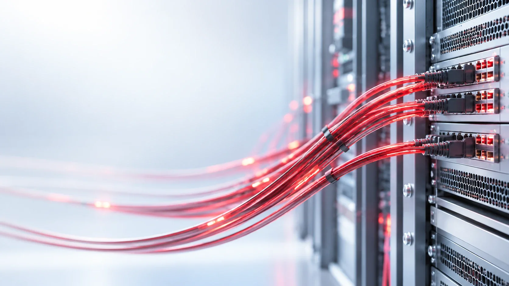 Glowing red network cables bundled together and plugged into a server rack in a bright data centre