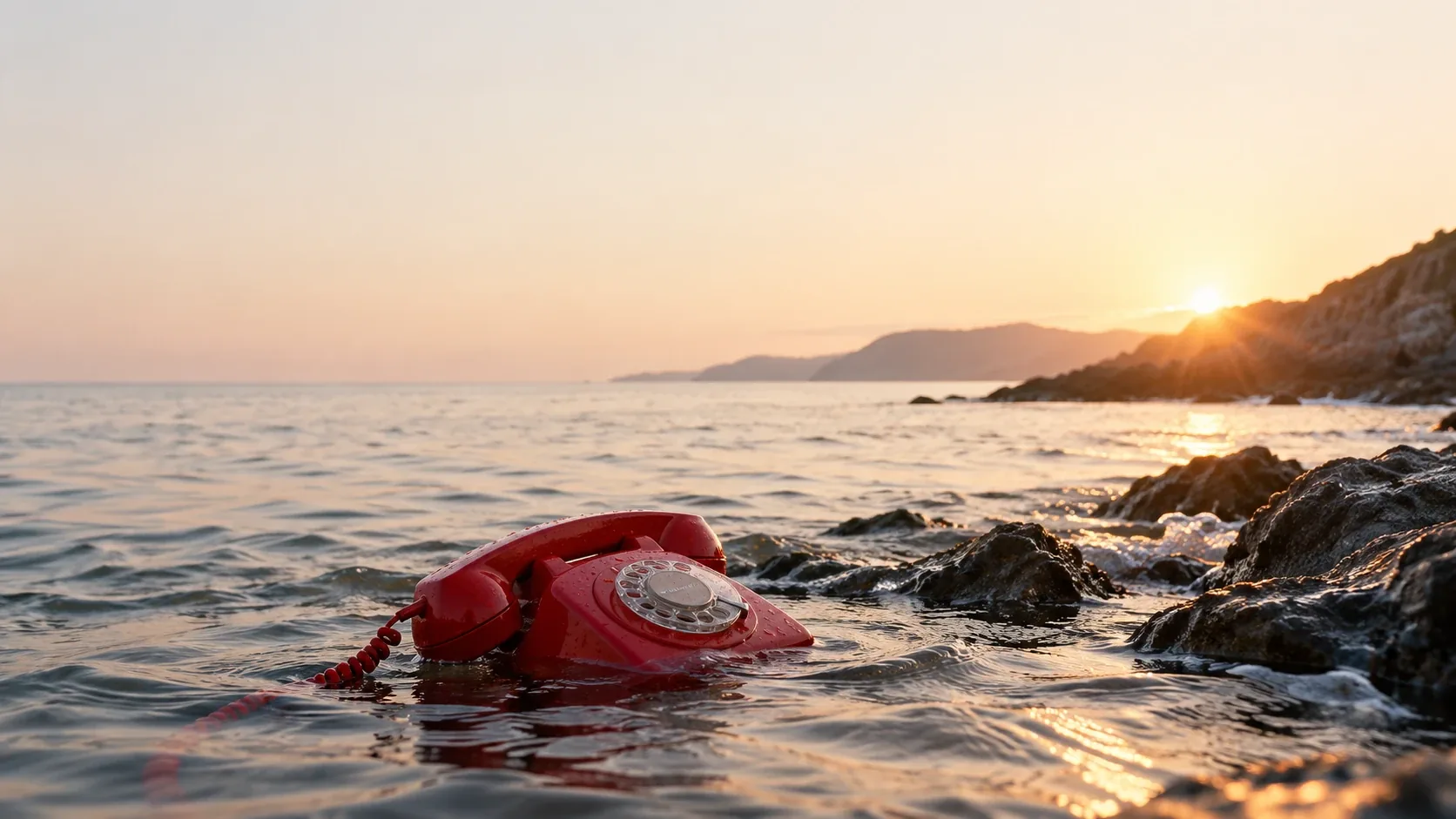 A red retro telephone lying in the shallow sea at sunset, with rocks and a coastline behind it